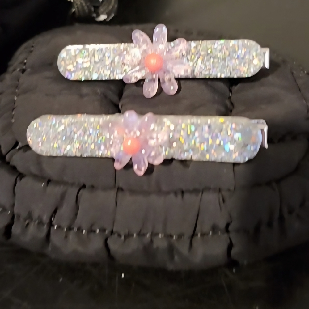 Glittery Hair Clips with Pink Flower Accents